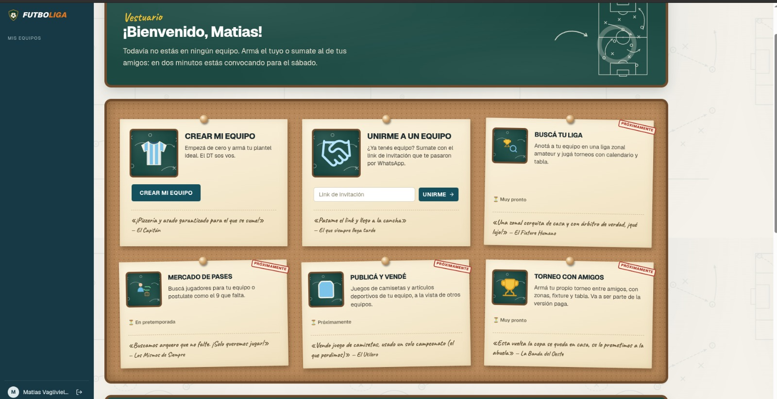 Vestuario de Futboliga con opciones para crear un equipo y unirse por invitación